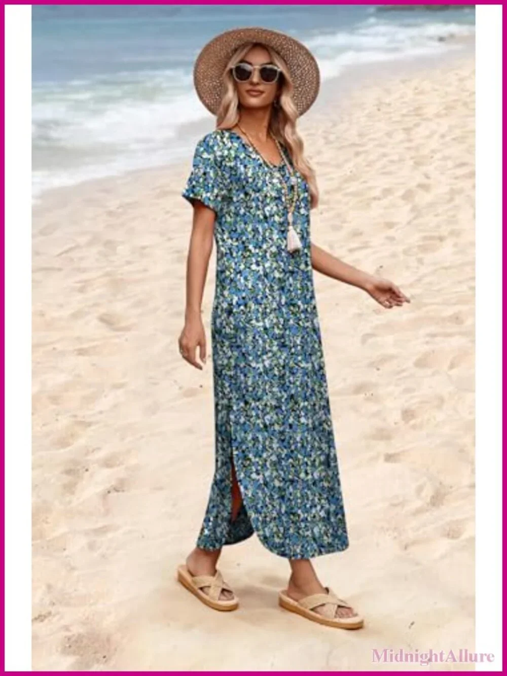Women's Summer Short Sleeve Maxi Dress with Pockets V-Neck Flowy Vacation Beach
